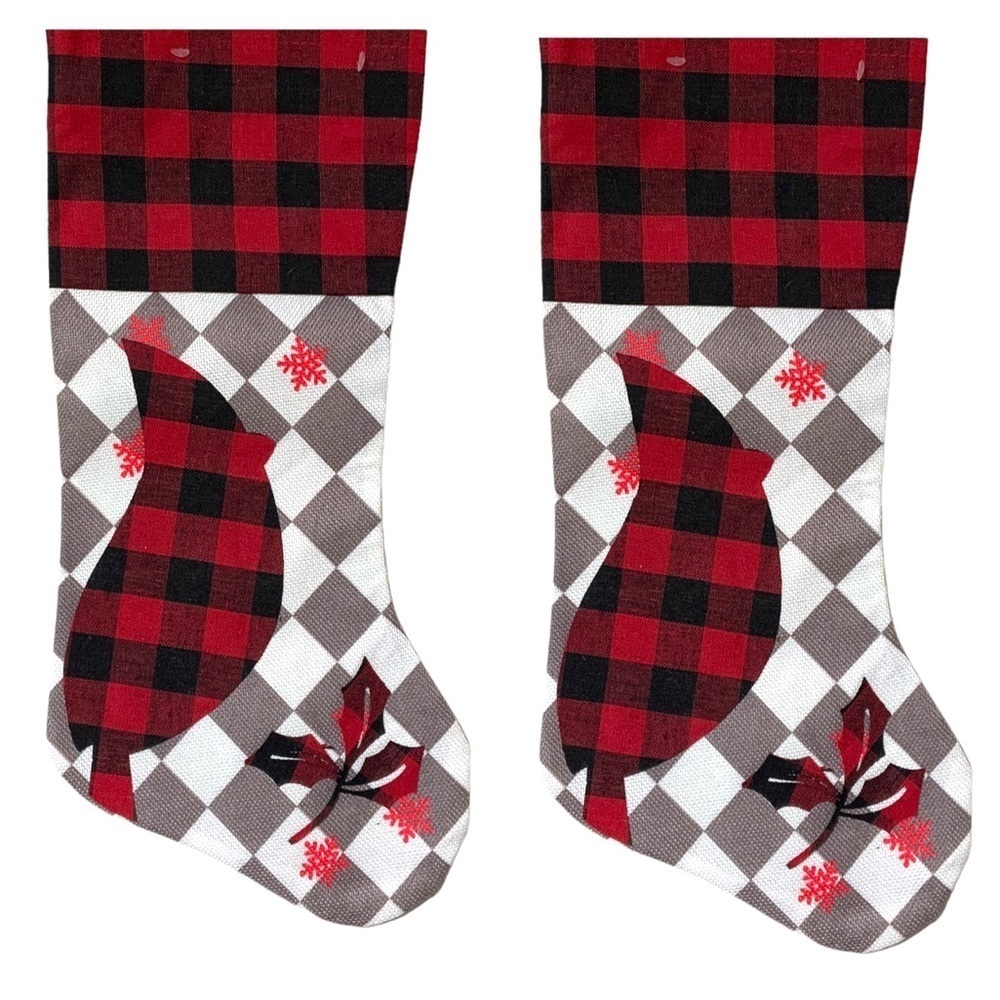 Christmas Stocking Cardinals Buffalo Check Plaid Red Black 17 inch 2 Piece